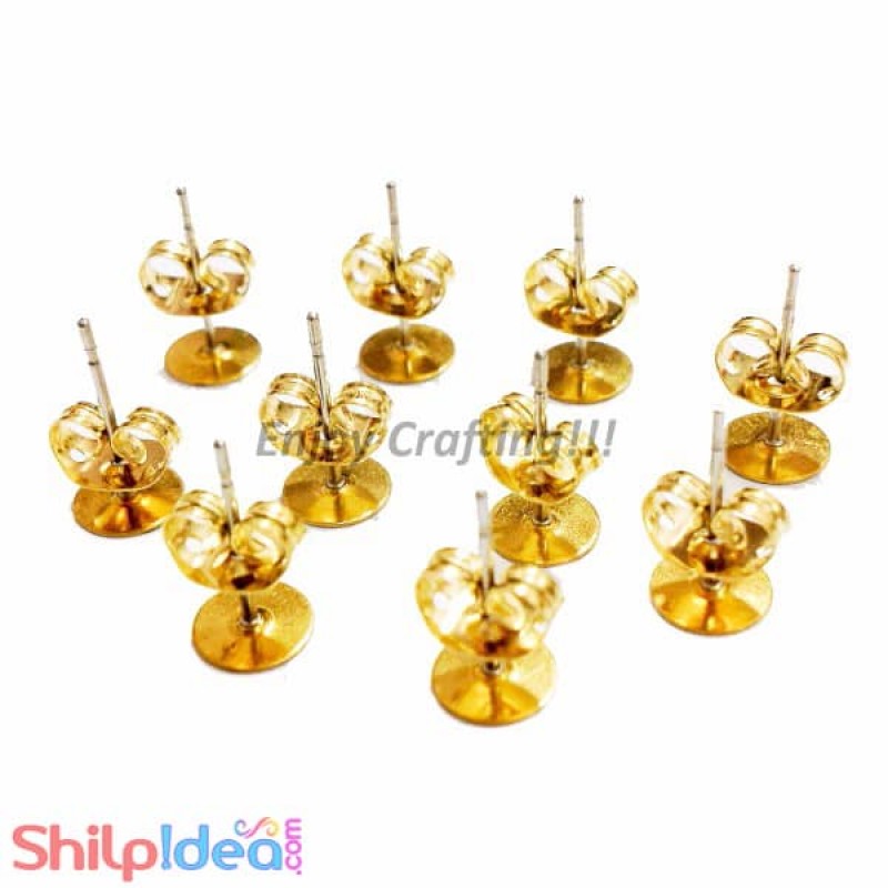 Earring Studs 3mm - Flat with Stoppers - Golden - 3 Pairs